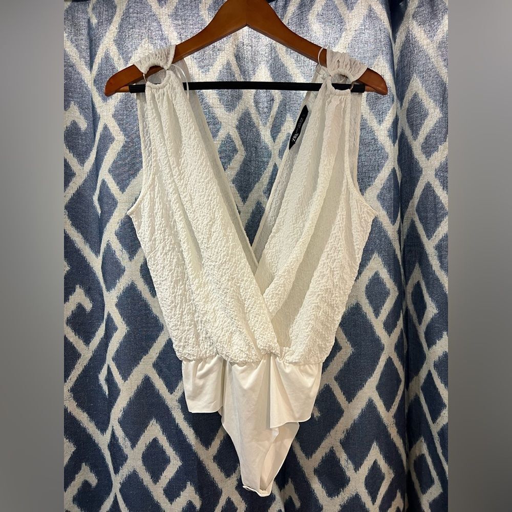 Zara White Bodysuit With Silk Bottom and Gold Rings Size S